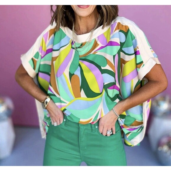 Tyche Shirt Womens Large Multi Petal Banded Colorful Geometric Boat Neck Blouse - Picture 1 of 9